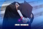 A person in a graduation cap and gown holds a diploma, leaning forward in an expression of emotion on a set of steps. The bottom has text: 