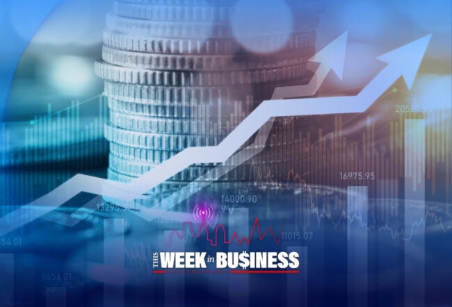 A stack of coins is overlaid with upward-pointing arrows and stock market graphs, symbolizing financial growth and business trends. Text reads "This Week in Business" at the bottom.