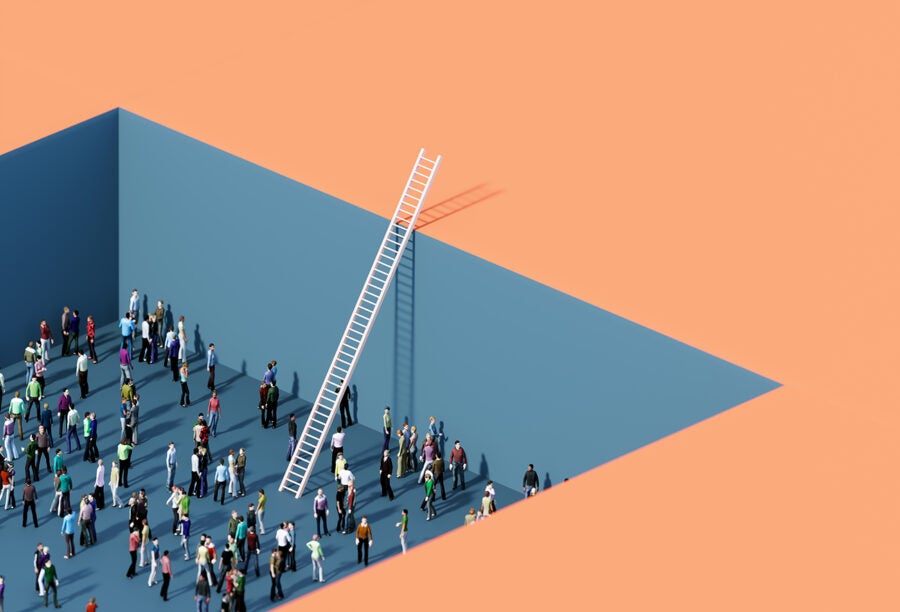 3D illustration of a crowd of people standing in a pit before a white ladder