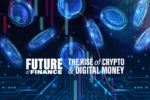 Floating digital coins over a circuit-like background with text 