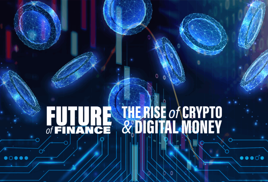 Floating digital coins over a circuit-like background with text "Future of Finance: The Rise of Crypto & Digital Money."
