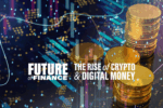 Stacks of gold coins on a digital financial background with binary code and bar graphs. Text reads 