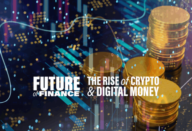 Stacks of gold coins on a digital financial background with binary code and bar graphs. Text reads "Future of Finance: The Rise of Crypto & Digital Money."