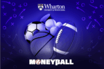 Various sports balls and a whistle on a blue background with strategic play icons, featuring the Wharton School logo and the word 