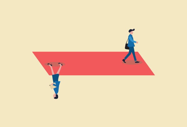 Illustration of a man and a woman in business clothes walking on opposite sides of a flat red rectangle