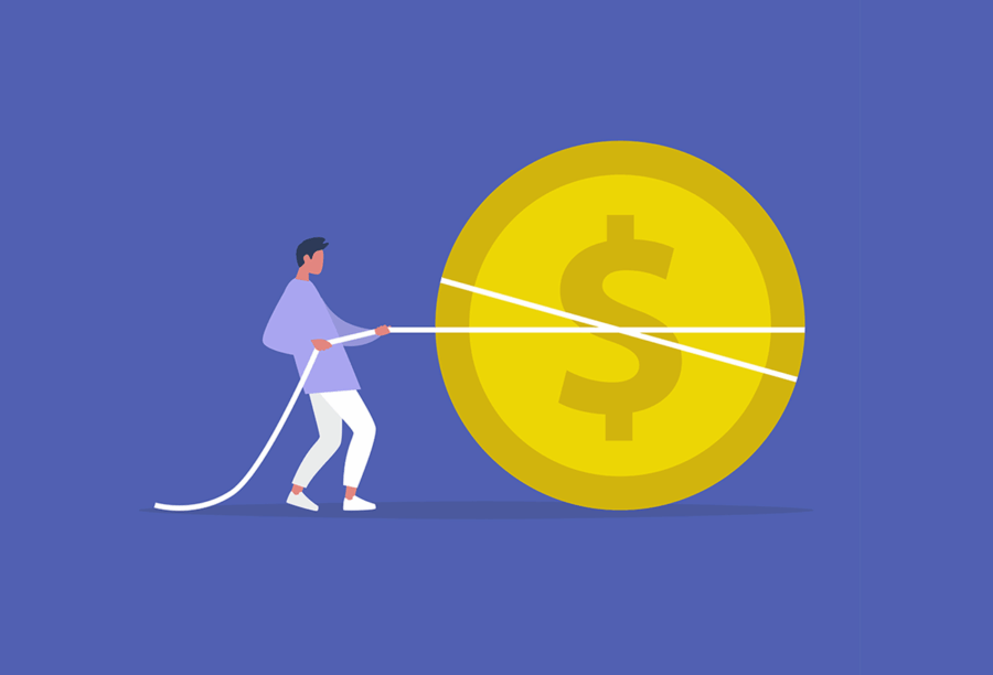 Illustration of a person tying a rope around a coin