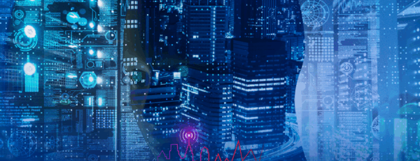 Silhouette of a human head filled with a cityscape and digital data, representing technology and business themes. Text reads 
