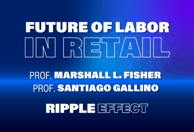 Text on a blue gradient background that reads: "Future of Labor in Retail. Prof. Marshall L. Fisher, Prof. Santiago Gallino. Ripple Effect."