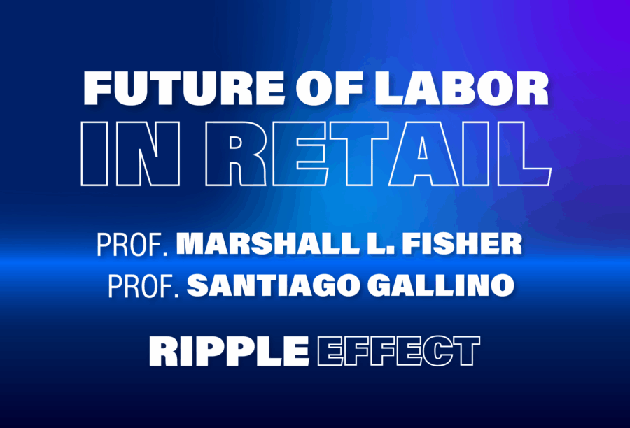 Text on a blue gradient background that reads: "Future of Labor in Retail. Prof. Marshall L. Fisher, Prof. Santiago Gallino. Ripple Effect."