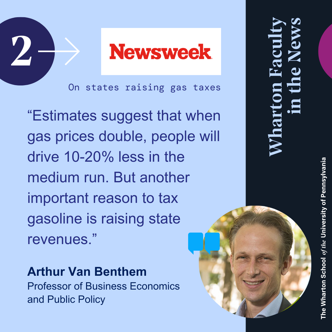 This graphic shows a quote from Wharton Professor Arthur Van Benthem from Newsweek about states raising gas taxes that reads "“Estimates suggest that when gas prices double, people will drive 10-20% less in the medium run. But another important reason to tax gasoline is raising state revenues.” His headshot is in the lower right corner. He has blonde hair, is smiling, and is posed in front of an outdoor background with a tree behind him.