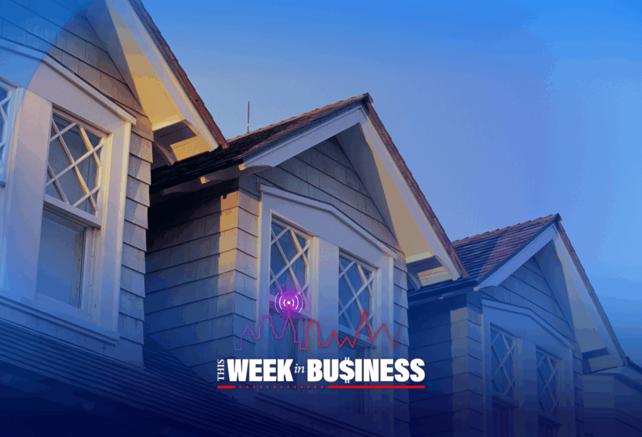 Gabled roof of a house with decorative windows during sunset. "This Week in Business" text/logo overlaying the image.