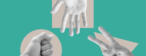 Digital collage of hands playing rock paper scissors