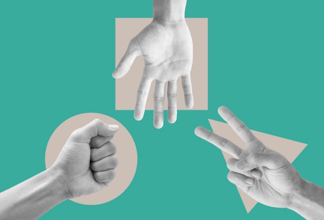 Digital collage of hands playing rock paper scissors