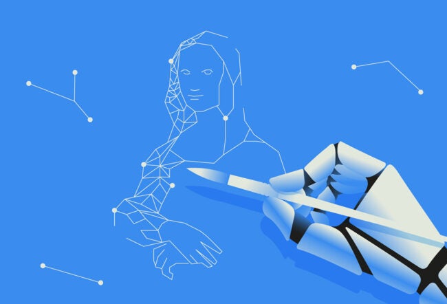 Illustration of a robotic hand drawing the Mona Lisa on a blue background.