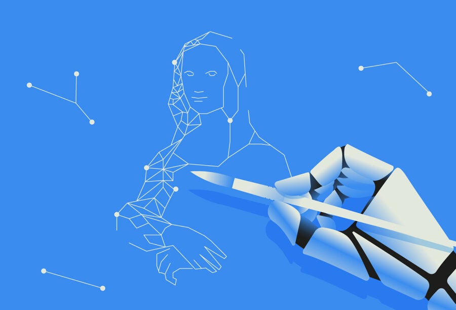 Illustration of a robotic hand drawing the Mona Lisa on a blue background.