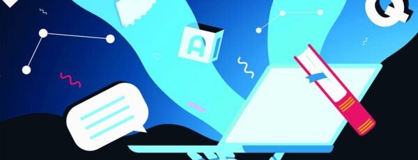 Illustration of a robotic hand holding a laptop with books, letters and messages flying out from the screen.