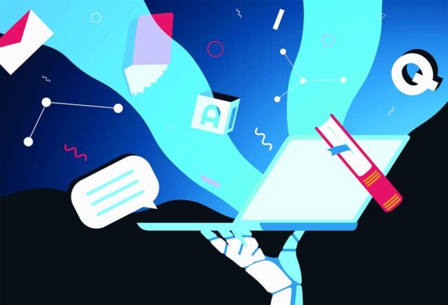 Illustration of a robotic hand holding a laptop with books, letters and messages flying out from the screen.