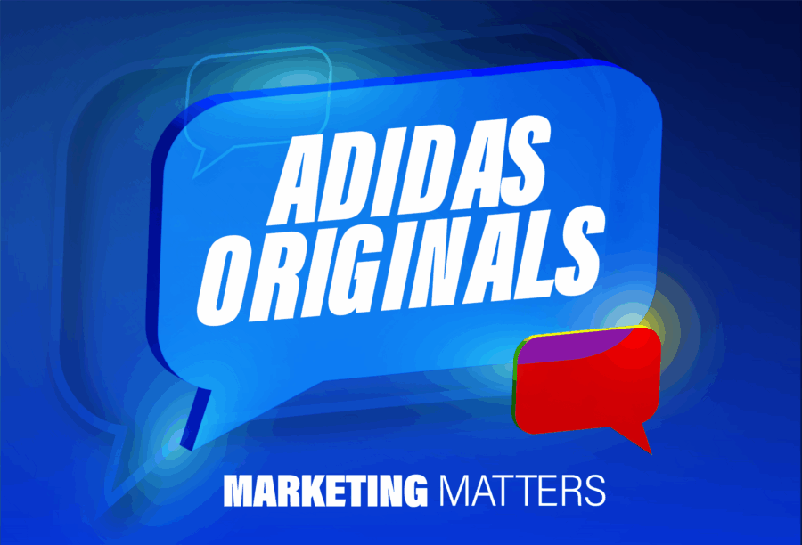 Blue background with two speech bubbles. The larger bubble reads "Adidas Originals," and below, "Marketing Matters" is written in white text.