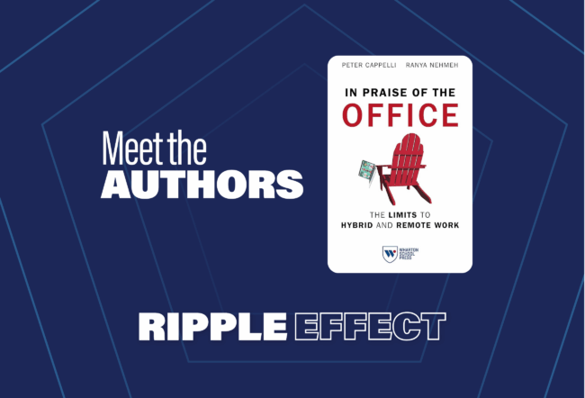 Promotional graphic featuring a book cover titled "In Praise of the Office: The Limits to Hybrid and Remote Work" with a red chair and laptop, alongside text "Meet the Authors" and "Ripple Effect" on a blue background.