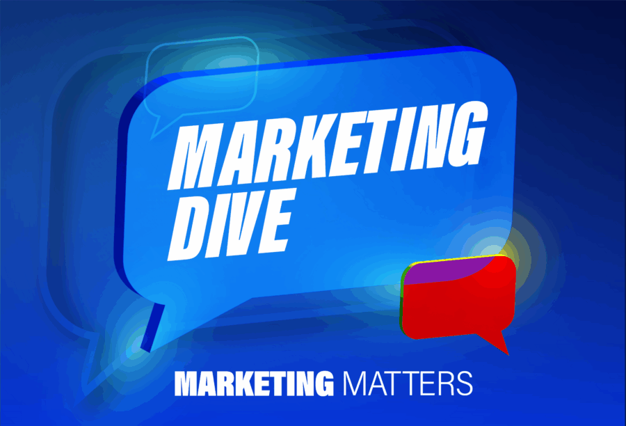 Illustration featuring overlapping blue and red speech bubbles with the text "MARKETING DIVE" and "MARKETING MATTERS" against a dark blue background.