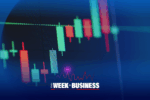 Stock market candlestick chart with red and green bars, overlaid with the text 