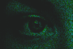 An eye created from green binary code on a black background, representing themes of technology and digital surveillance.