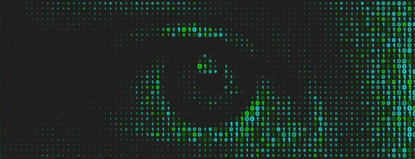 An eye created from green binary code on a black background, representing themes of technology and digital surveillance.
