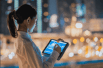 A person wearing a white shirt using a tablet with graphs, against a blurred urban nightscape.