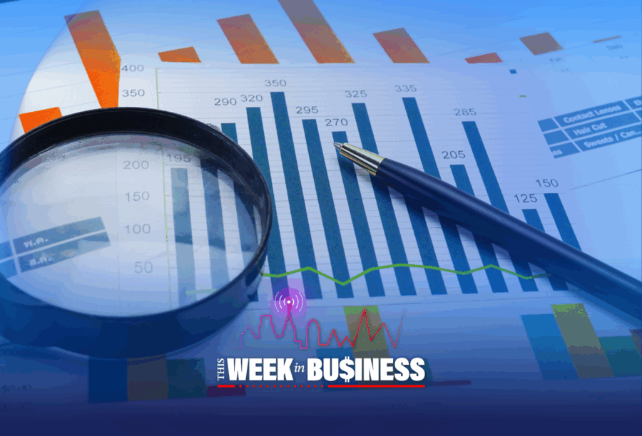 Charts and graphs with a pen and magnifying glass, representing business analysis or financial review. The text "This Week in Business" is at the bottom.