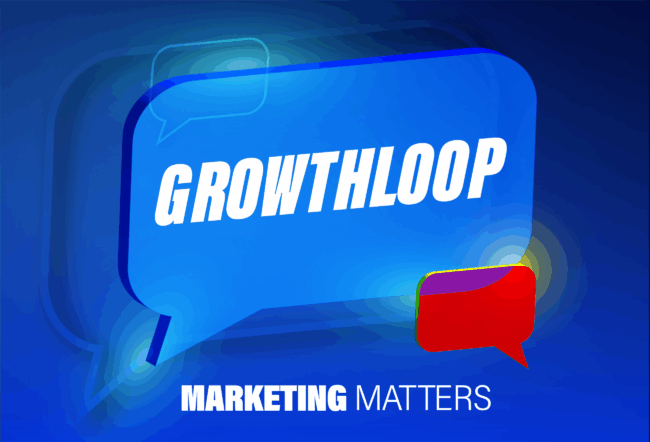A digital image featuring speech bubbles with the text "GROWTHLOOP" in a large blue bubble and "MARKETING MATTERS" below in white.