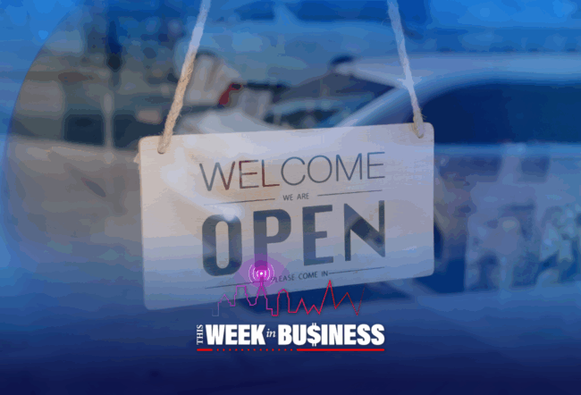 A sign hanging on a glass door reads "Welcome, We Are Open." It is part of a promotional image for a business-themed program titled "This Week in Business."