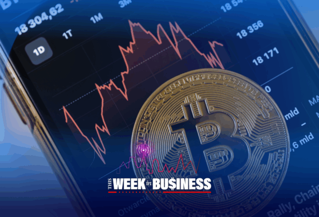 A Bitcoin coin in front of a phone screen displaying a fluctuating financial graph, representing cryptocurrency market trends.