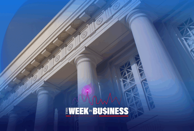 A neoclassical building with large columns and decorative elements. The text "This Week in Business" is overlaid at the bottom with a city skyline and signal icon.