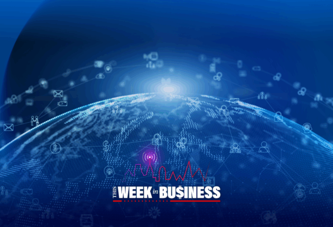 A digital representation of the Earth with network icons and the text "This Week in Business" overlaid, suggesting a global business and technology theme.