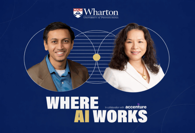 A promotional image featuring headshots of two people, one wearing a jacket and shirt, and the other in a white outfit. The background includes the University of Pennsylvania Wharton School logo, geometric pattern, and text "Where AI Works" alongside the Acc