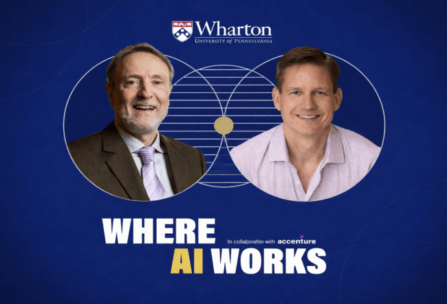 An advertisement for the "Where AI Works" event, featuring two headshots, the Wharton School and Accenture logos, and abstract circular graphics.