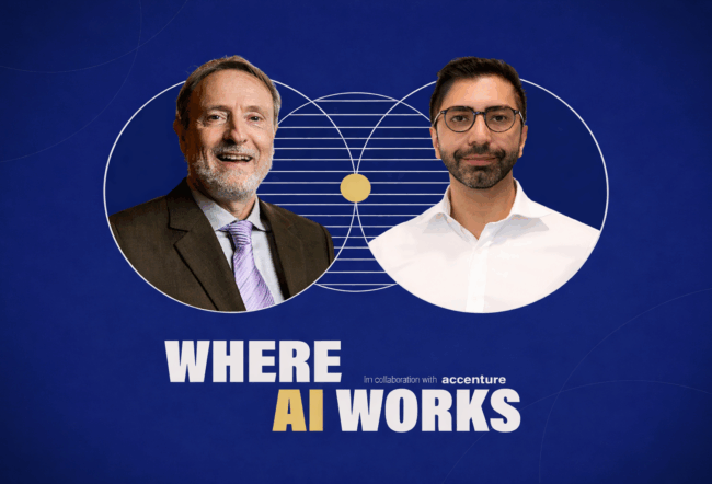 Two people in business attire are pictured against a blue background with geometric designs. The text reads "Where AI Works" with branding from Accenture.