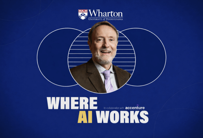 Headshot of a person against a blue background featuring the Wharton and Accenture logos, with text that reads "Where AI Works."